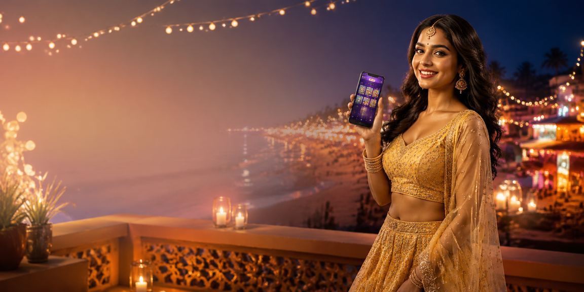 Player using mobile phone for online lottery in traditional lehenga attire in India
