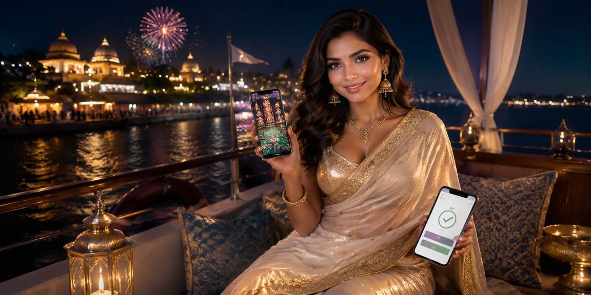 Indian woman using mobile phone amidst festive lights representing balanced lifestyle